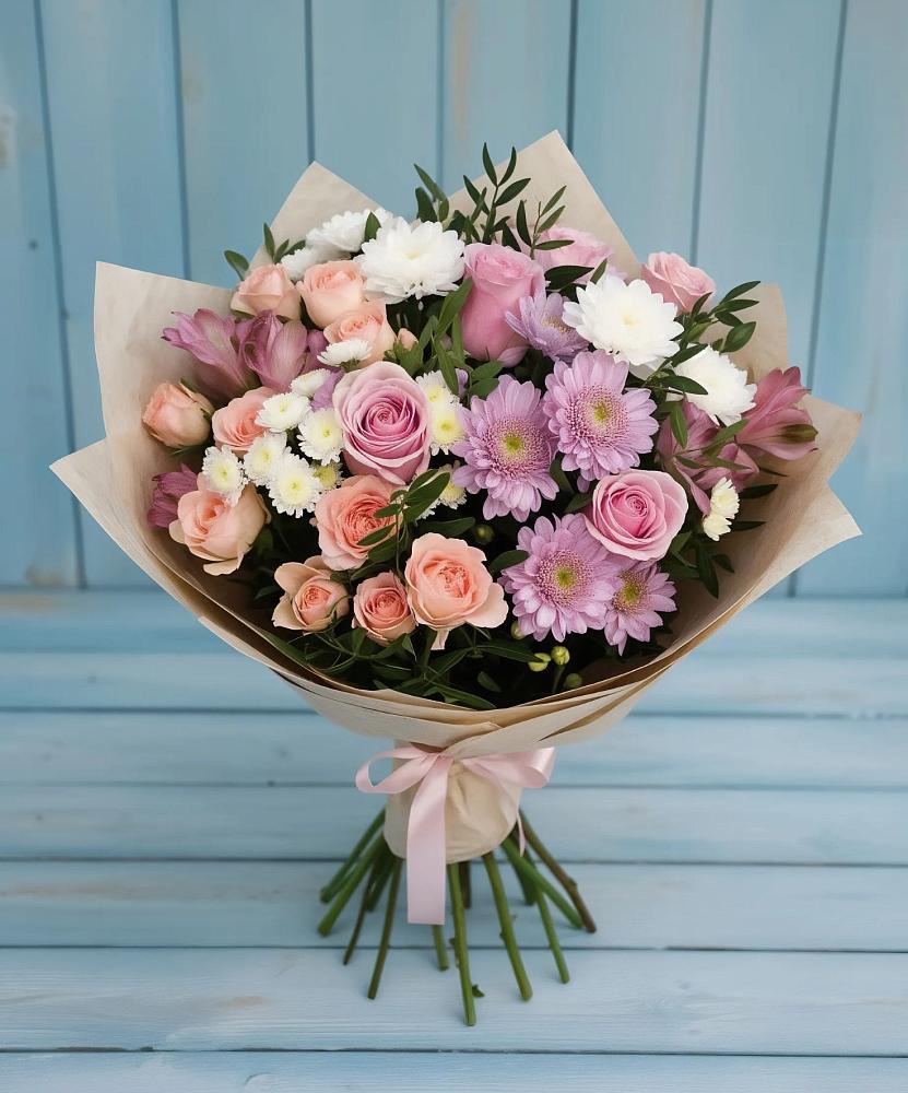 Букет цветов из: Хризантемы, Розы и Альстромерии в Томари