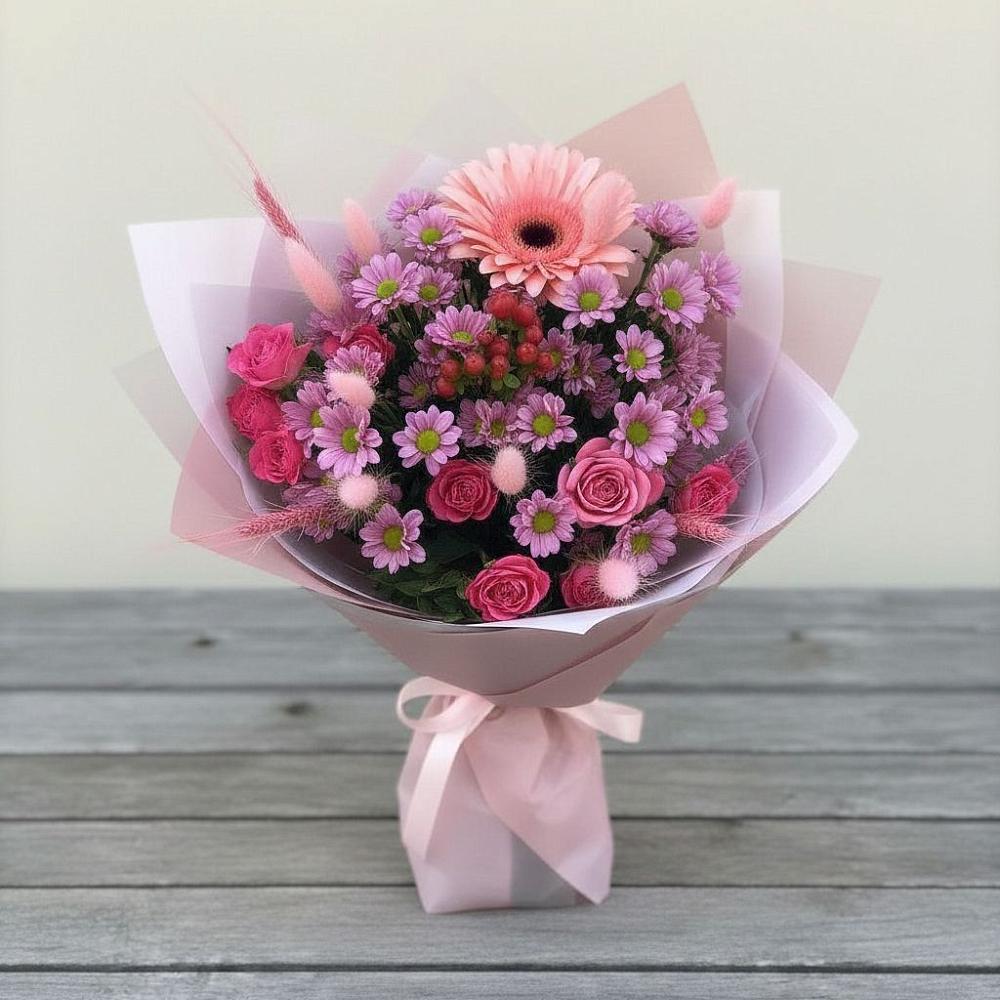 Букет цветов из: Розы, Герберы и Хризантемы в Томари
