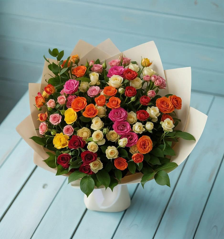 Букет Микс из разноцветных кустовых роз в Томари