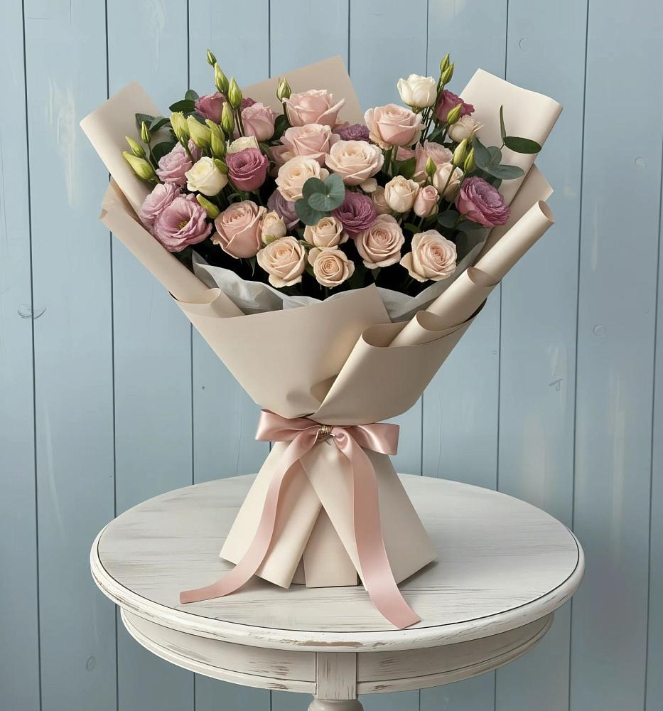 Букет цветов из: Розы и Лизиантусы в Томари